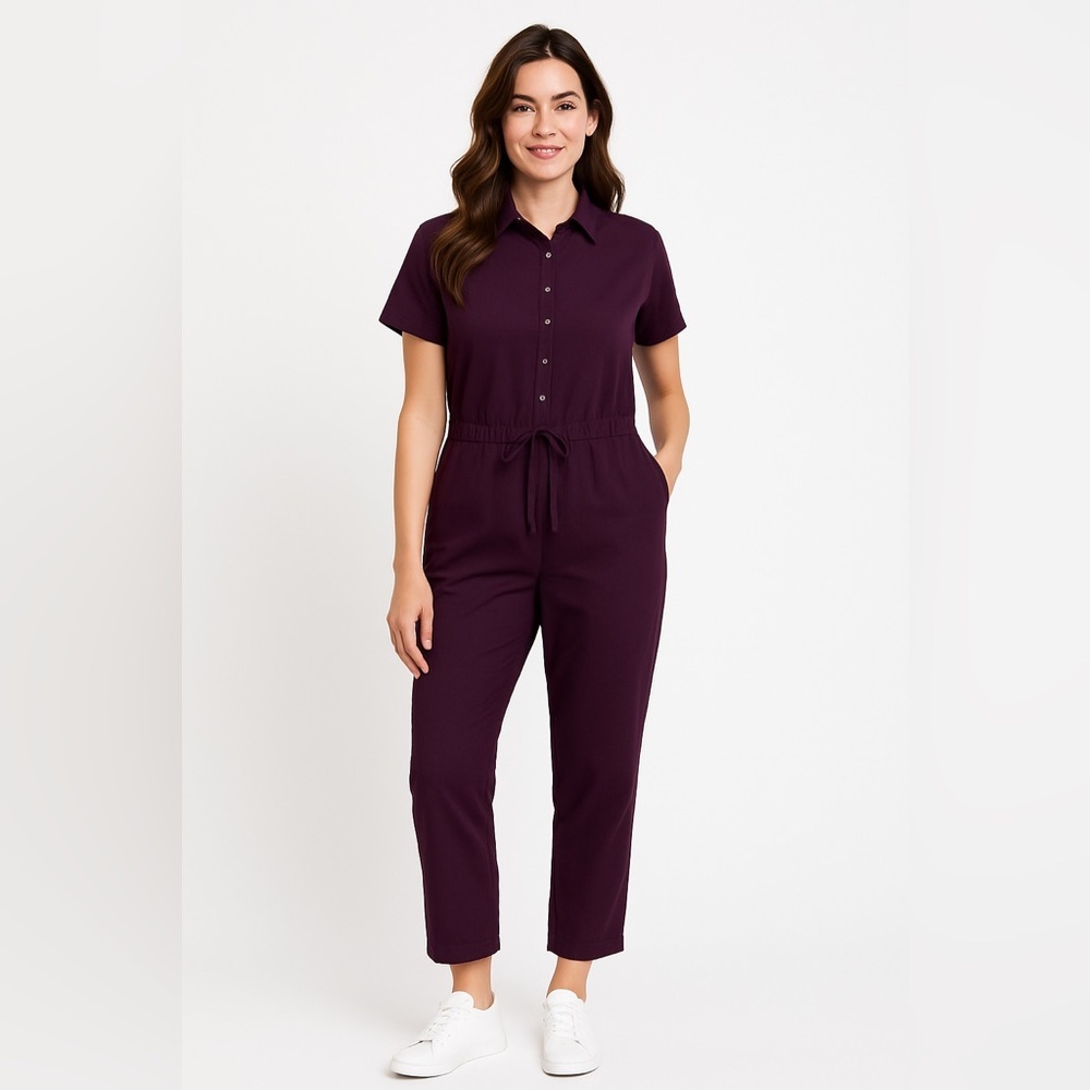 Serra Size L Plum Button-Front Short Sleeve Jumpsuit
